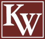 Maroon square with white border and the letters K W in white in the center